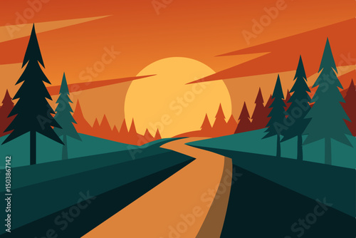 sunrise casting long shadows on a forest trail 