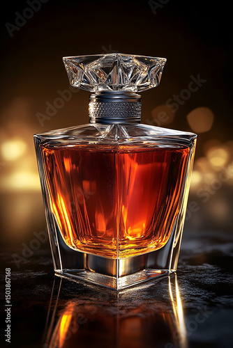 Elegant 3D-rendered perfume bottle with deep amber liquid and a silver-plated square cap on a luxury black reflective surface. Ideal for fragrance branding.