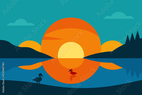 sunrise reflecting off lake ripples with ducks 