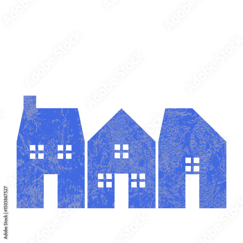 Three Stylized House Shapes with Grunge in Different shades of blue Against White Background.