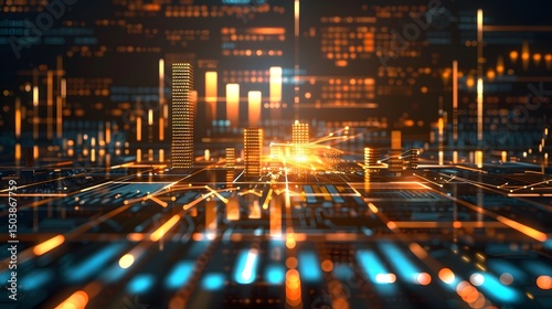 Futuristic Digital Cityscape with Bright Data Visualization Elements, Generative AI