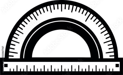 Black and white protractor and ruler drawing for angle and length measurement 