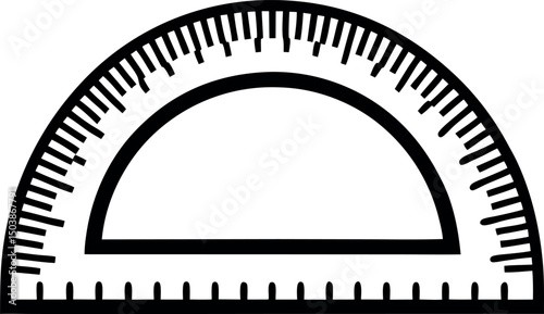 Black and white protractor graphic illustrating angular measurement and geometry  