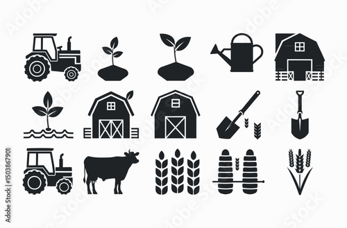 Collection of Farm Icons in Simple Silhouette Style