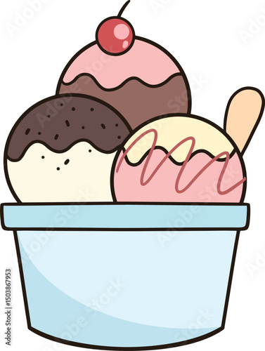 Chocolate, vanilla and strawberry sundae in ice cream cups with scoops