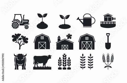 Collection of Farm Icons in Simple Silhouette Style