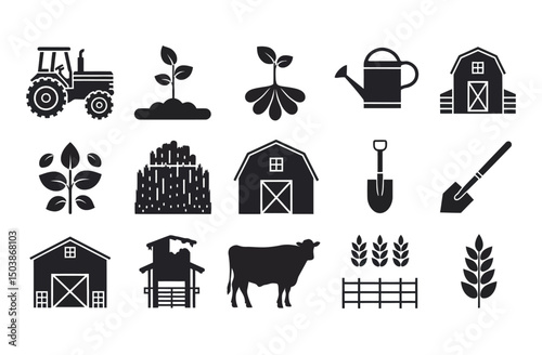 Collection of Farm Icons in Simple Silhouette Style