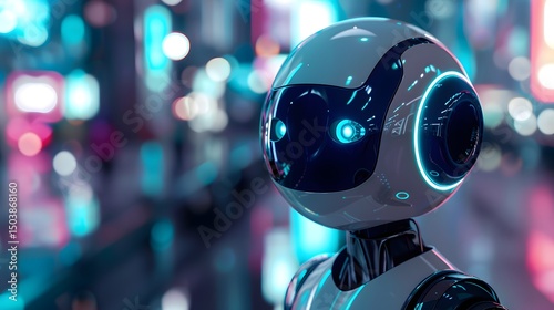 Futuristic Robot Staring in Neon Cityscape at Night, Generative AI
