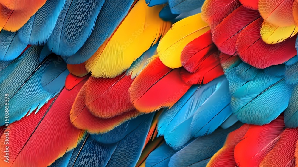 Fototapeta premium Seamless texture showing layered parrot feathers in bright tones, ideal for bold surface decoration and textile design.
