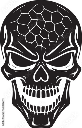 Evil Skull Silhouette, Cracked Head, Dark Horror Tattoo Design | Abstract Artistic Black Skull Design With Cracks and Intricate Line Details
