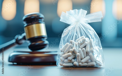 Judge gavel next to transparent bag of white capsules, depicting legal scrutiny of drug possession and regulation.