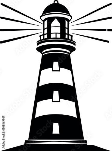 High contrast lighthouse graphic with radiating light beams on white background vector silhouette