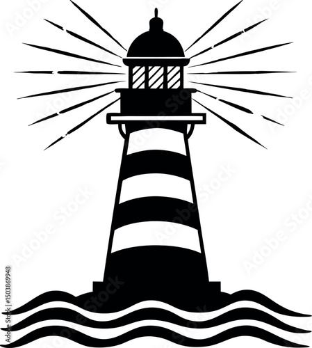 Bold Black and White Lighthouse Shining on the Sea's Wavy Surface vector silhouette