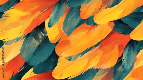 Tile pattern of vibrant bird feathers, perfect for tropical visuals, animal-themed branding, and nature-inspired compositions.