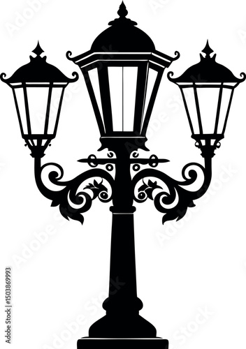 Detailed silhouette of an ornate vintage street lamp with three lights vector silhouette