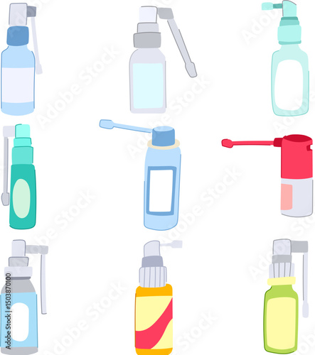throat spray bottle set cartoon vector illustration