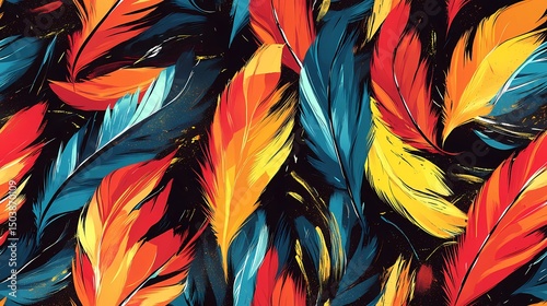 Tile pattern of vibrant bird feathers, perfect for tropical visuals, animal-themed branding, and nature-inspired compositions.