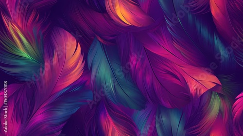 Tile pattern of vibrant bird feathers, perfect for tropical visuals, animal-themed branding, and nature-inspired compositions.