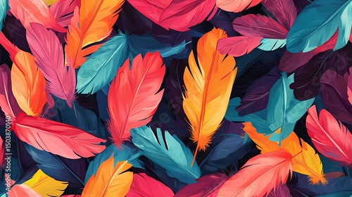 Tile pattern of vibrant bird feathers, perfect for tropical visuals, animal-themed branding, and nature-inspired compositions.
