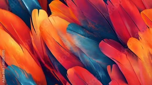 Tile pattern of vibrant bird feathers, perfect for tropical visuals, animal-themed branding, and nature-inspired compositions.