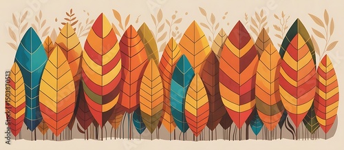 Vector illustration of colorful autumn leaves in various shapes and sizes against a white background.
