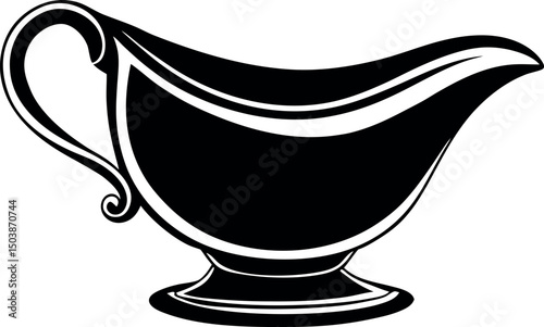Stylized gravy boat illustration in black and white with line detail vector  