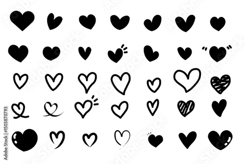 手描き風の黒いハートアイコンセット | Hand-drawn Black Heart Icon Set