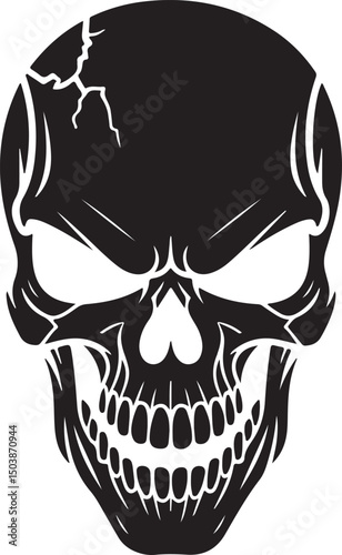 Evil Skull Silhouette, Cracked Head, Dark Horror Tattoo Design | Abstract Artistic Black Skull Design With Cracks and Intricate Line Details