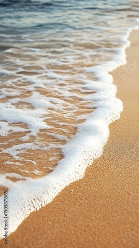 Foamy white wave softly washes over the warm, golden sand on a sunny day