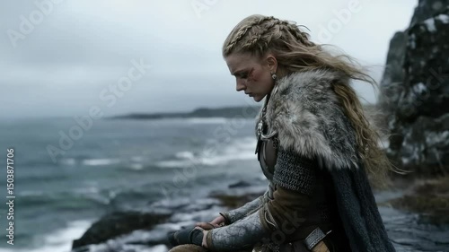Viking presence: slavic warrior, female strength, ancient armor, battle readiness, cultural power, mythic legend, fierce determination, historical journey, tribal symbol, northern legacy