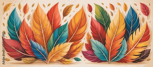 Vector illustration of colorful autumn leaves in various shapes and sizes against a white background.

