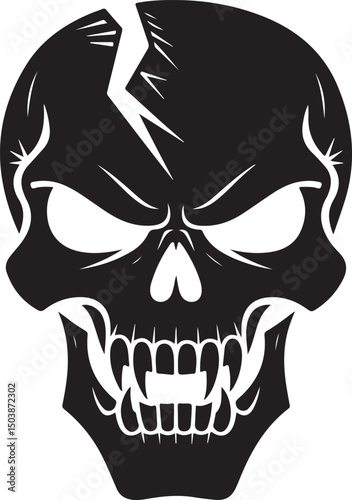 Evil Skull Silhouette, Cracked Head, Dark Horror Tattoo Design | Abstract Artistic Black Skull Design With Cracks and Intricate Line Details