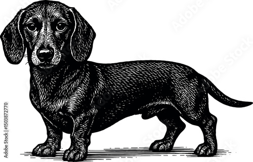 Dachshund full body side view and facing towards the front vector black silhouette cricut print design isolated on a plain white background
