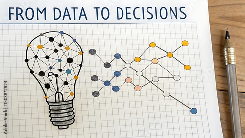 Drawing of data to decisions concept with lightbulb and network on graph paper with pencil nearby