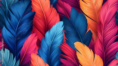 Exotic parrot plumage arranged in seamless tile, suitable for decorative backgrounds, fabric prints, and colorful wildlife themes.