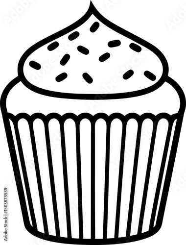 Simple black and white outline illustration of a cupcake with sprinkles vector silhouette