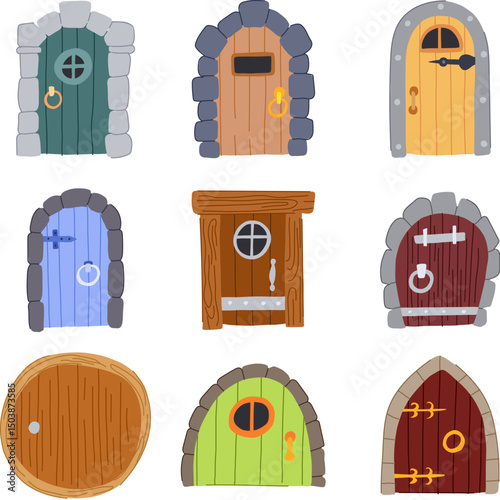 wooden door fairy tale house set cartoon vector illustration