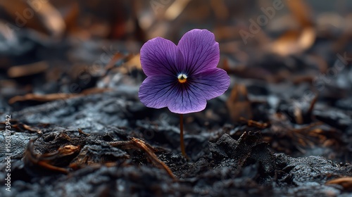 Purple flower sprouting from charred forest floor