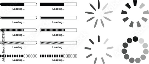 Loading bar set. Retro progress bars on white and black screens. Search vector loading vector collection isolated on transparent of loading and buffering symbols for websites, app, logo load design.