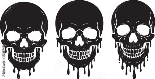 Melting Skull Vector set , Dripping Horror Skull Illustration, Black and White Creepy Design, Gothic Tattoo Art, Monochrome Illustration of Melting Skull with Dripping Effect