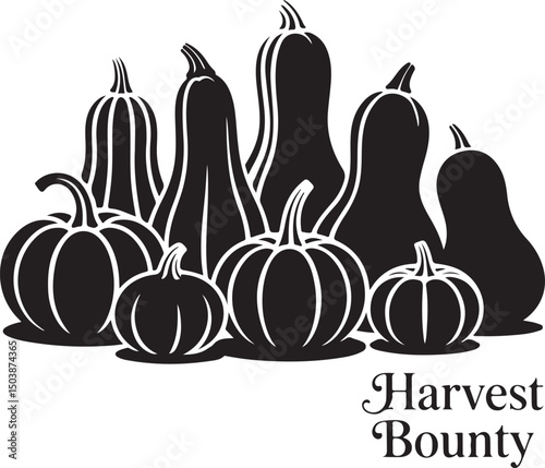 "Black-and-White 'Harvest Bounty' with Pumpkins and Gourds - Fall Harvest and Autumn Vegetables Illustration"