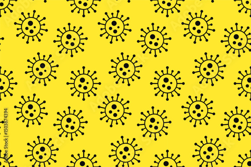 Bright black and yellow seamless virus pattern. Pandemic health danger background with abstract medical bacteria symbols. Vector illustration for fabric, design, print, wallpaper, cover, covid concept