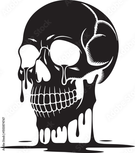 Melting Skull Vector, Dripping Horror Skull Illustration, Black and White Creepy Design, Gothic Tattoo Art, Monochrome Illustration of Melting Skull with Dripping Effect