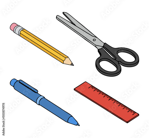Isometric Vector Illustration of School Stationery Items – Pencil, Pen, Scissors, and Ruler