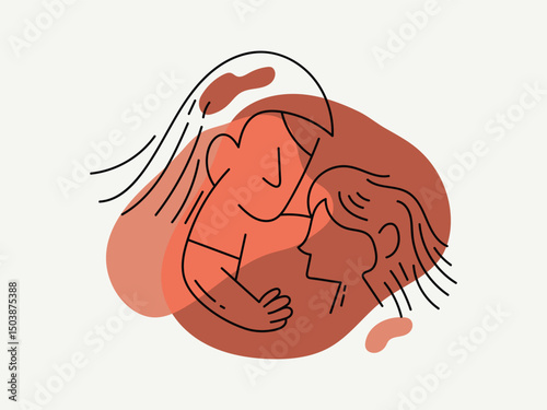 A mother with a little daughter in a simple line style, vector illustration