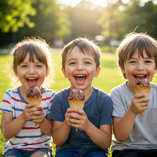 Three Cute Kids Having Fun with Ice Cream in the Park