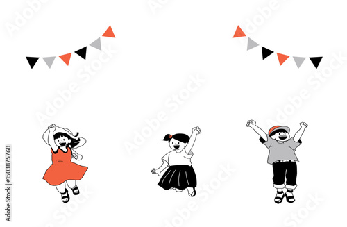 ジャンプする子どもたちのフレーム風イラスト（旗飾り・夏服）