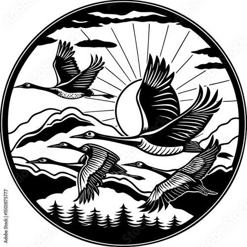 A serene vector illustration of migratory cranes flying in perfect V-formation over misty mountains at sunrise, capturing the elegance of nature's journey.