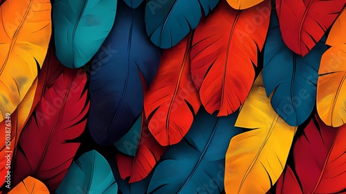 Seamless texture showing layered parrot feathers in bright tones, ideal for bold surface decoration and textile design.