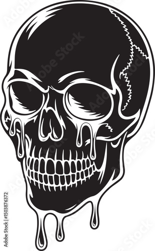 Melting Skull Vector, Dripping Horror Skull Illustration, Black and White Creepy Design, Gothic Tattoo Art, Monochrome Illustration of Melting Skull with Dripping Effect